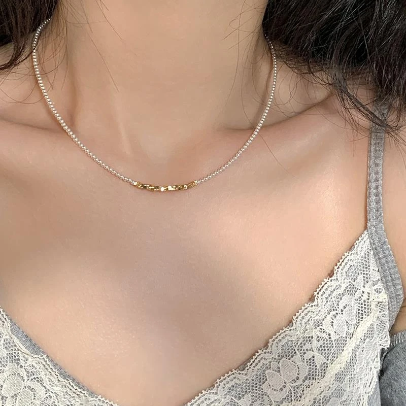 CIOEM KOUIM 合金项链 碎银施家珍珠项链轻奢设计感小米珠锁骨链