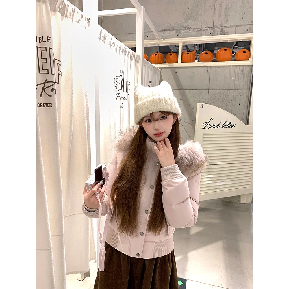 【爱神贝拉】 韩系秋冬大毛领连帽显瘦内里加绒加厚保暖棉服外套潮