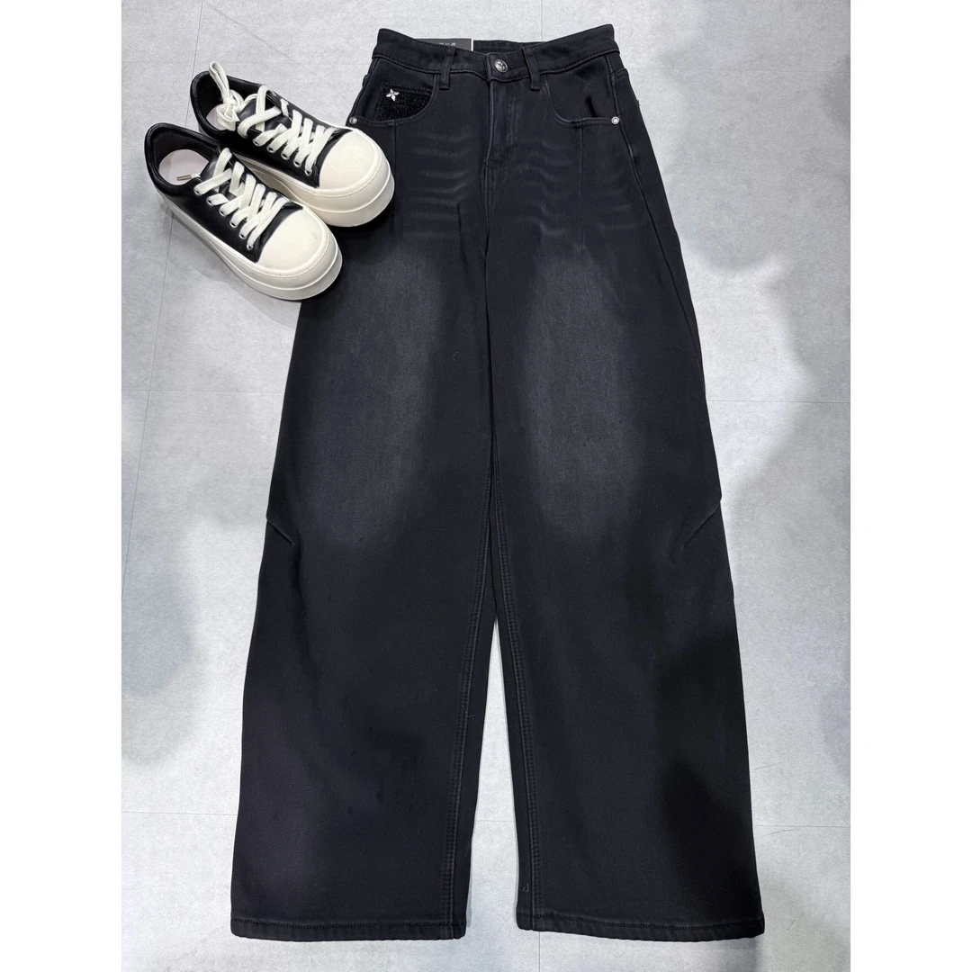 W5783王仙女2 「加绒加厚牛仔裤」美式复古高腰牛仔裤女显瘦阔腿裤