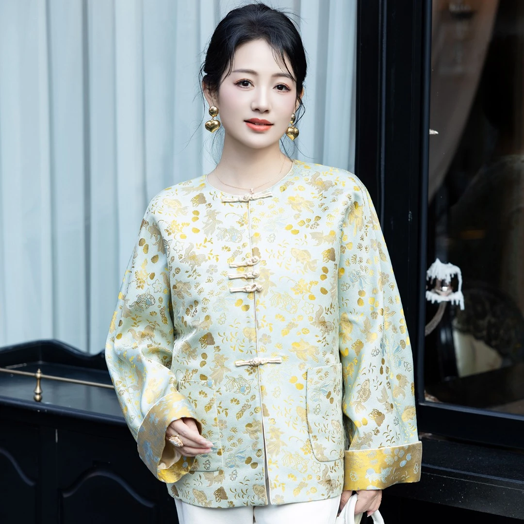 华裳格新中式钱小萍正品宋锦浅豆绿织金金鱼水藻对襟外套 HS263