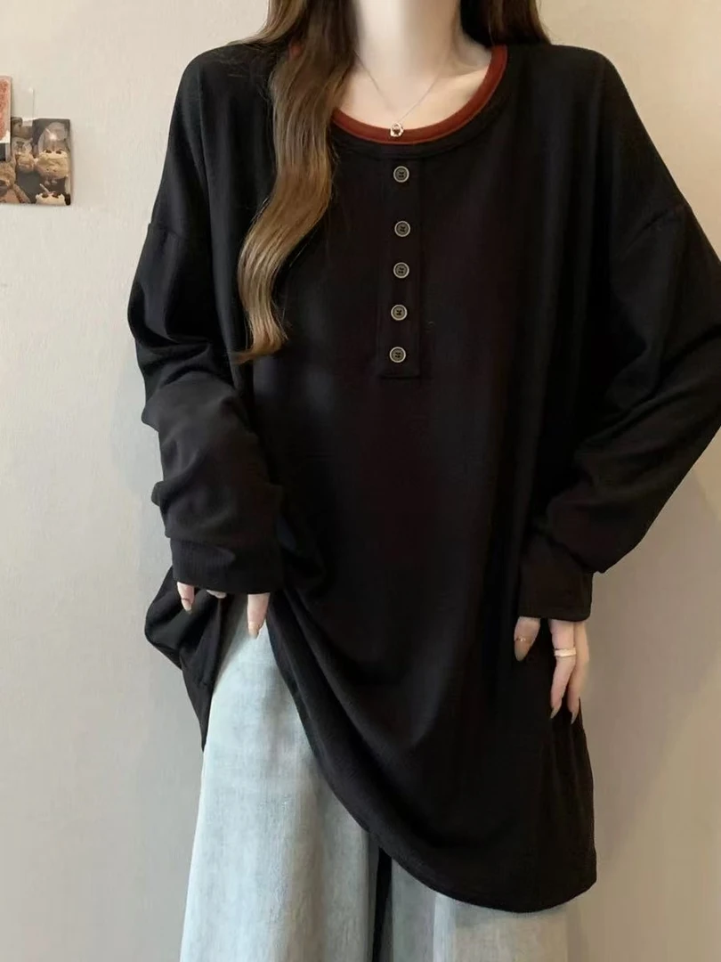 秋季新款拼色领排扣长袖打底衫