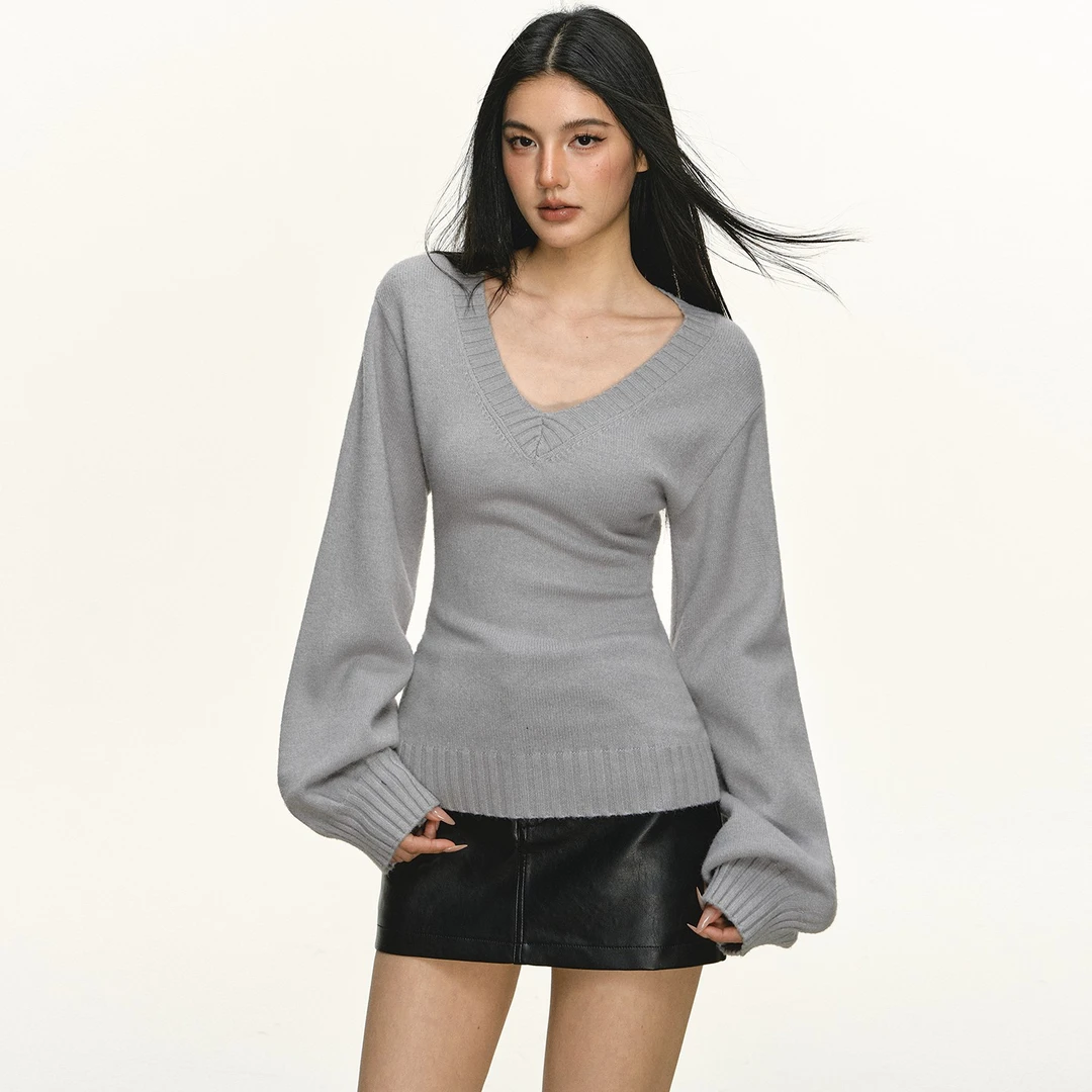 anna aneae灯笼袖v领毛衣女秋冬内搭可外穿灰色收腰显瘦针织上衣