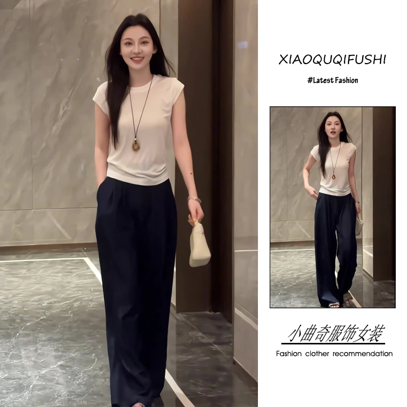 夏季2025新款一整套女装韩系慵懒风气质百搭纯色上衣阔腿裤两件套