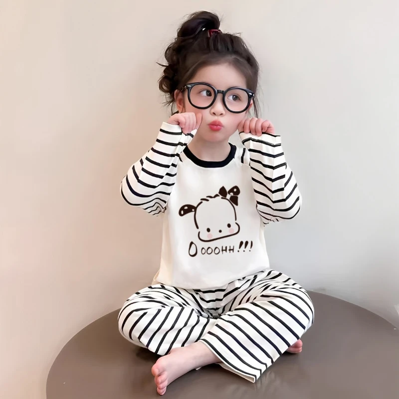 儿童睡衣2025新款春秋女童卡通哪吒长袖条纹洋气女宝宝家居服套装