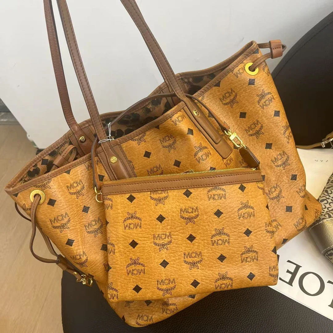 95新 MCM 大麦中古/mcm干邑色托特子母包/单肩包