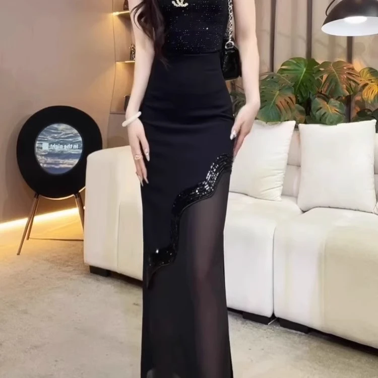 设计感重工烫钻不规则法式性感修身长款半身裙2025夏新显瘦包臀裙