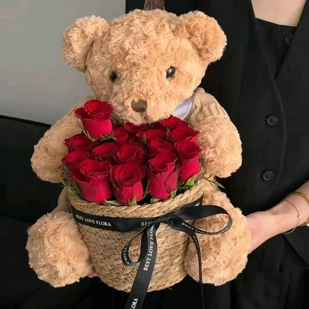 可爱如你 19支红玫瑰泰迪熊小熊抱抱篮花束