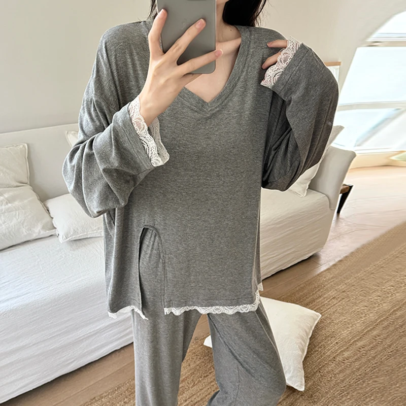 莫代尔棉睡衣女春秋季长袖2025新款简约休闲风花边秋款家居服套装