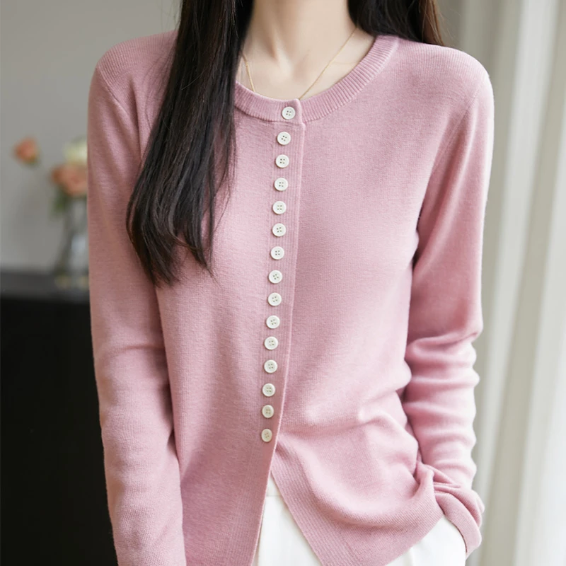 2025春夏新精纺圆领长袖针织开衫女薄款显瘦洋气外套时尚打底上衣