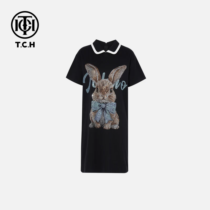TCH轻奢烫钻工艺时尚百搭兔子短袖连衣裙女T75B30E1009私服tch