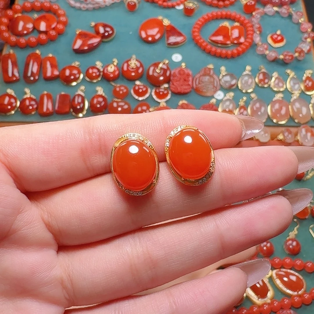 南红玛瑙银S925镶嵌耳饰