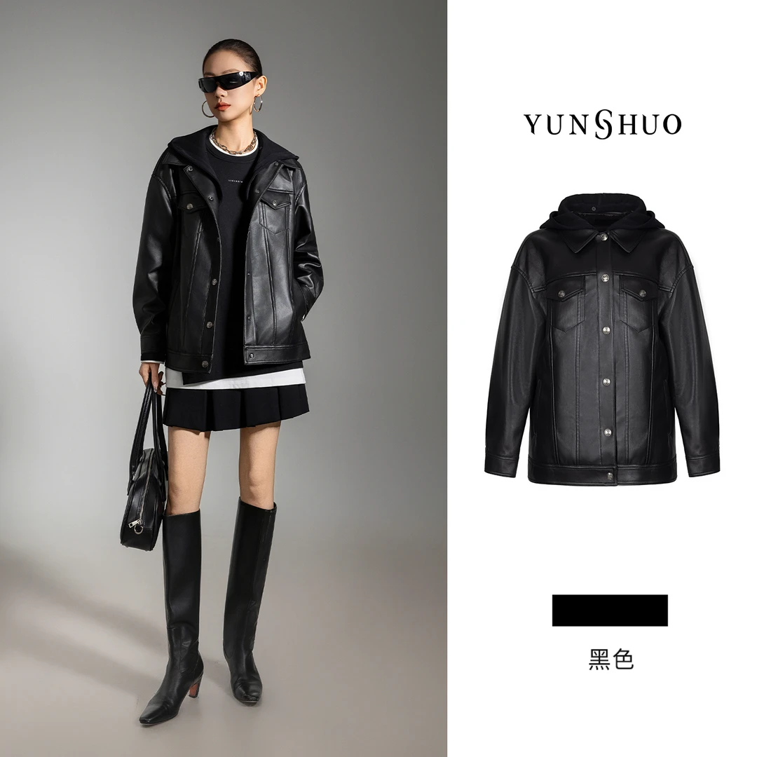 允硕新品时尚百搭气质休闲机车连帽皮衣直筒长袖女上衣外套456173