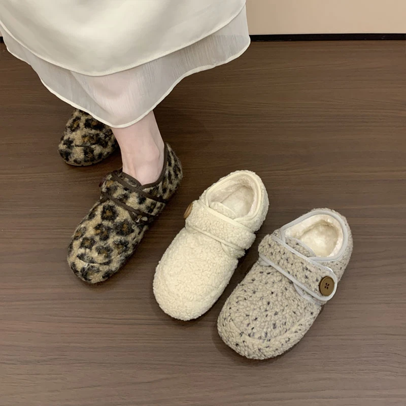 豹纹毛毛鞋女外穿2025秋冬新款软底保暖面包雪地棉鞋加绒勃肯鞋子