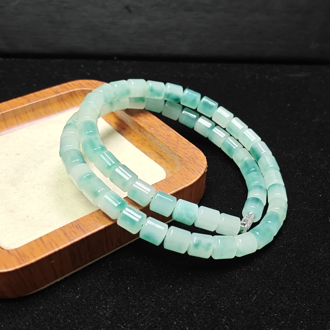 [停业清货]缅甸冰底绿飘花8m桶珠妈妈链-053-多样性发一