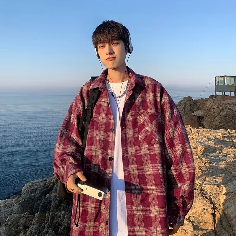 衬衣外套日系格子衬衫男长袖春季新款潮流百搭青少年休闲宽松工装
