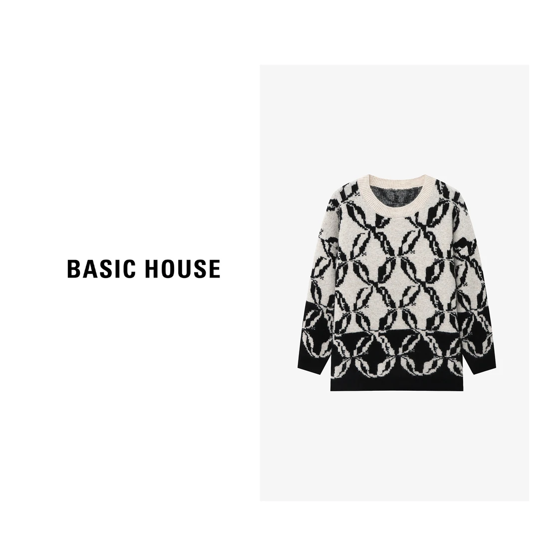 Basic House/百家好秋冬黑色循环花型提花圆领毛衣-B06245S8982