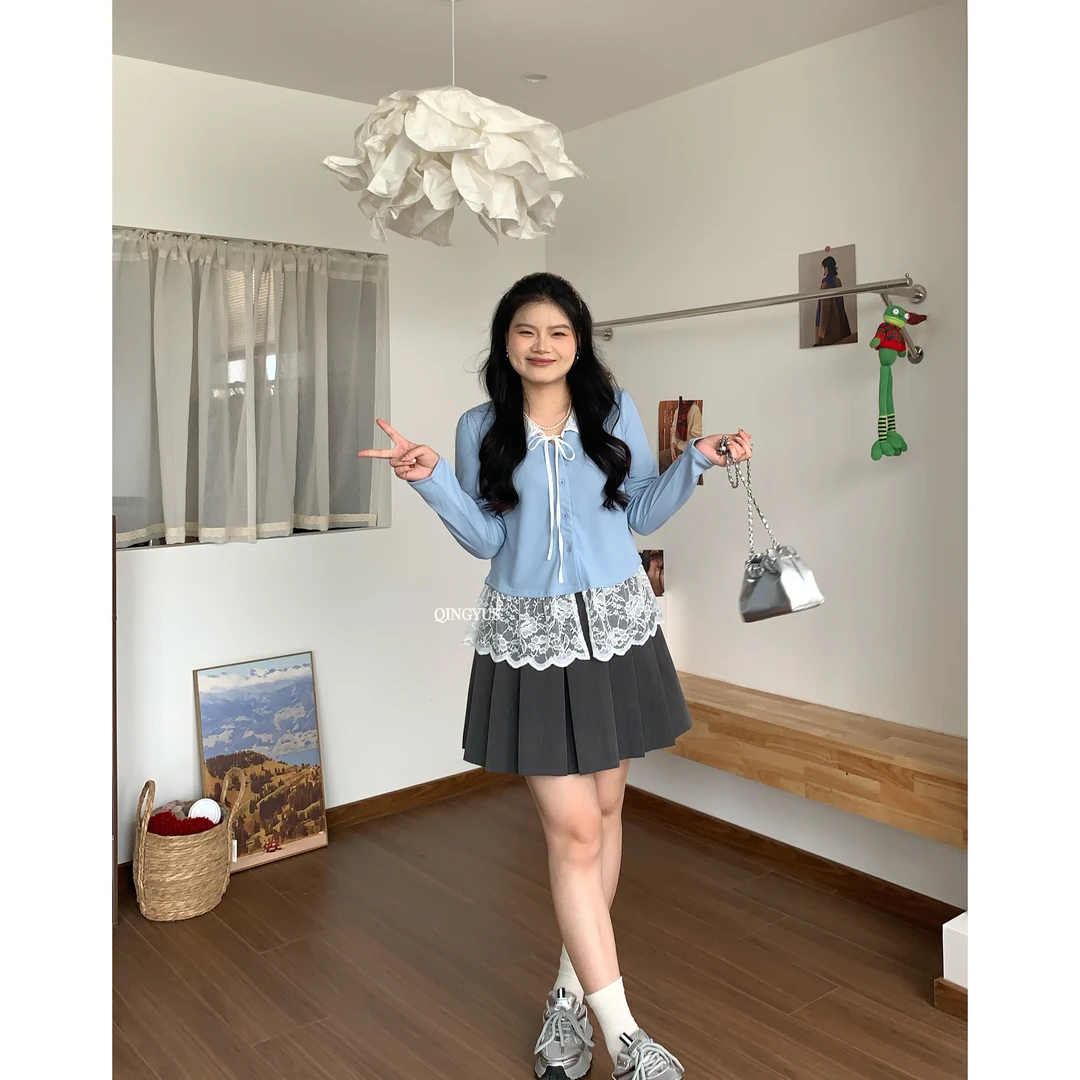 QINGYUS-假两件T恤拼接蕾丝设计感时尚上衣微胖显瘦春季大码女装