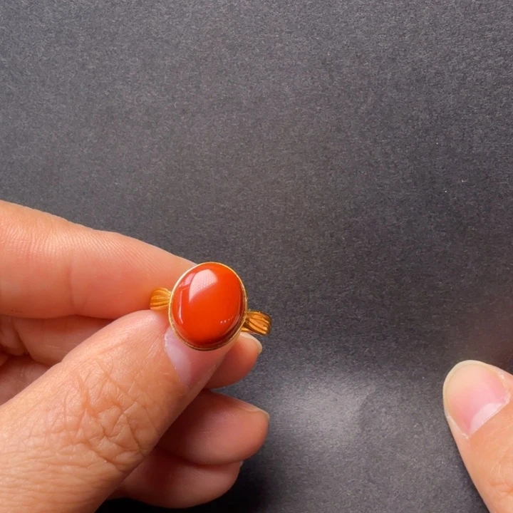 南红玛瑙银S925镀金镶嵌戒指