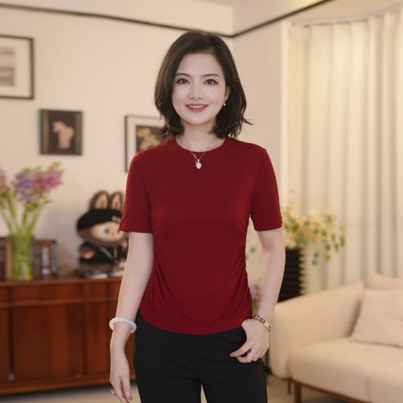 阿楠anan 心动轨迹 100针织桑蚕丝气质圆领腰部捏褶加捻丝短袖T恤