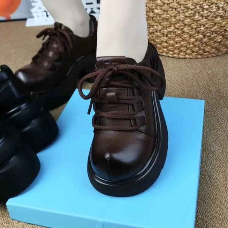 牛皮复古厚底皮鞋圆头系带松糕鞋子女春秋单鞋百搭女鞋小个子女鞋