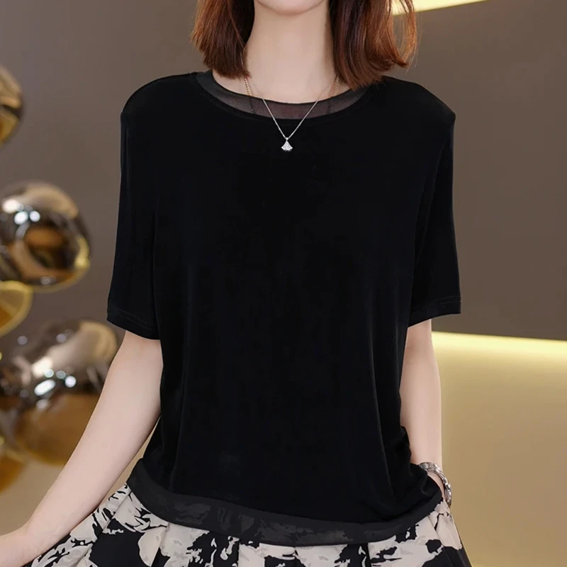 2025夏季新款气质短袖T恤女士时尚洋气纯色圆领上衣显瘦百搭女装