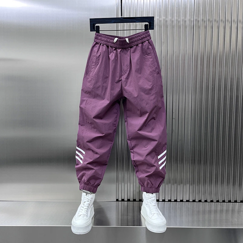 潮牌斜条纹束脚运动裤男2025夏季薄款网眼透气潮流百搭休闲防晒裤