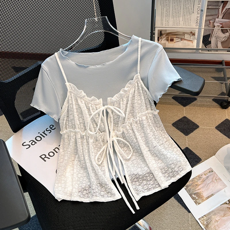 2025夏季韩系穿搭套装叠穿蕾丝吊带+气质内搭修身短袖T恤两件套女