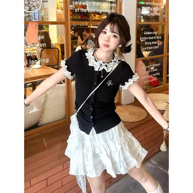 波点拼接黑色针织短袖女夏季系娃娃领正肩恤修身显瘦短款上衣甜美