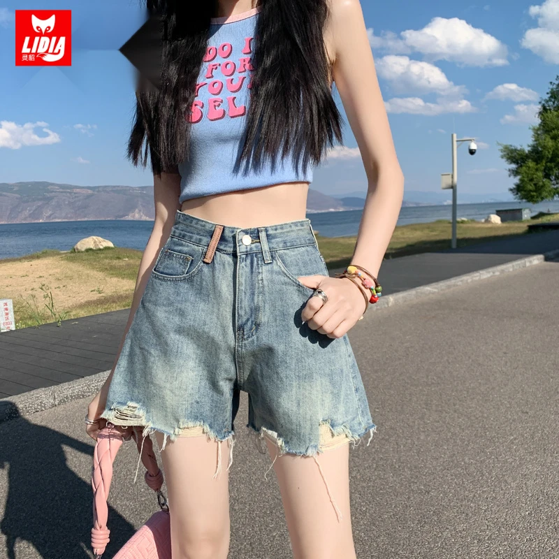 高腰显瘦破洞毛边牛仔短裤女夏天外穿辣妹刺绣a字热裤阔腿裤子潮