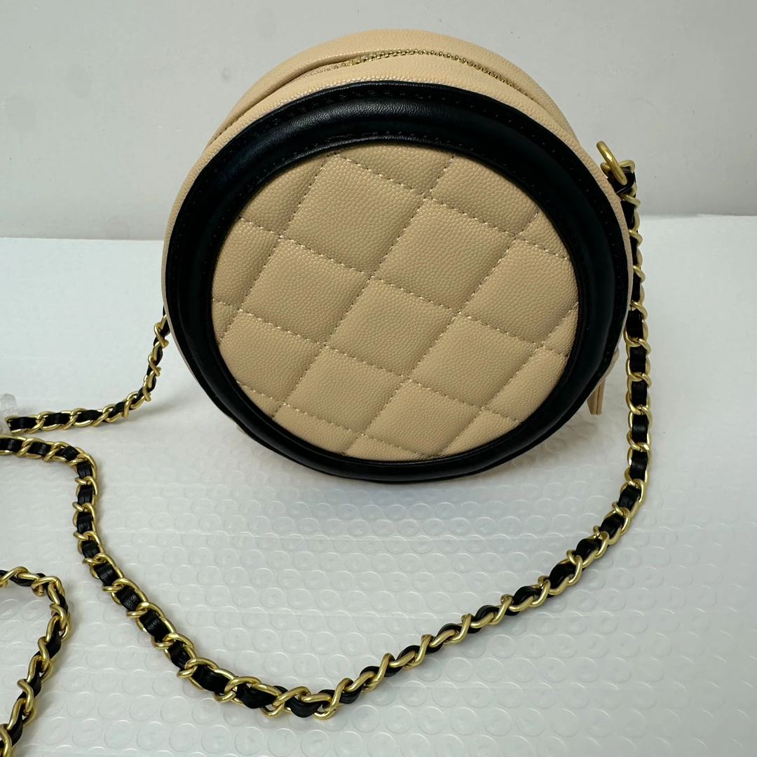 2680小圆饼包棕色简约风菱格链条包废土风拉链包包