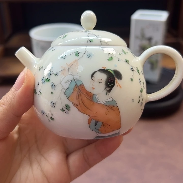相***湖珐琅彩粉彩仕女手工柴胎壶～