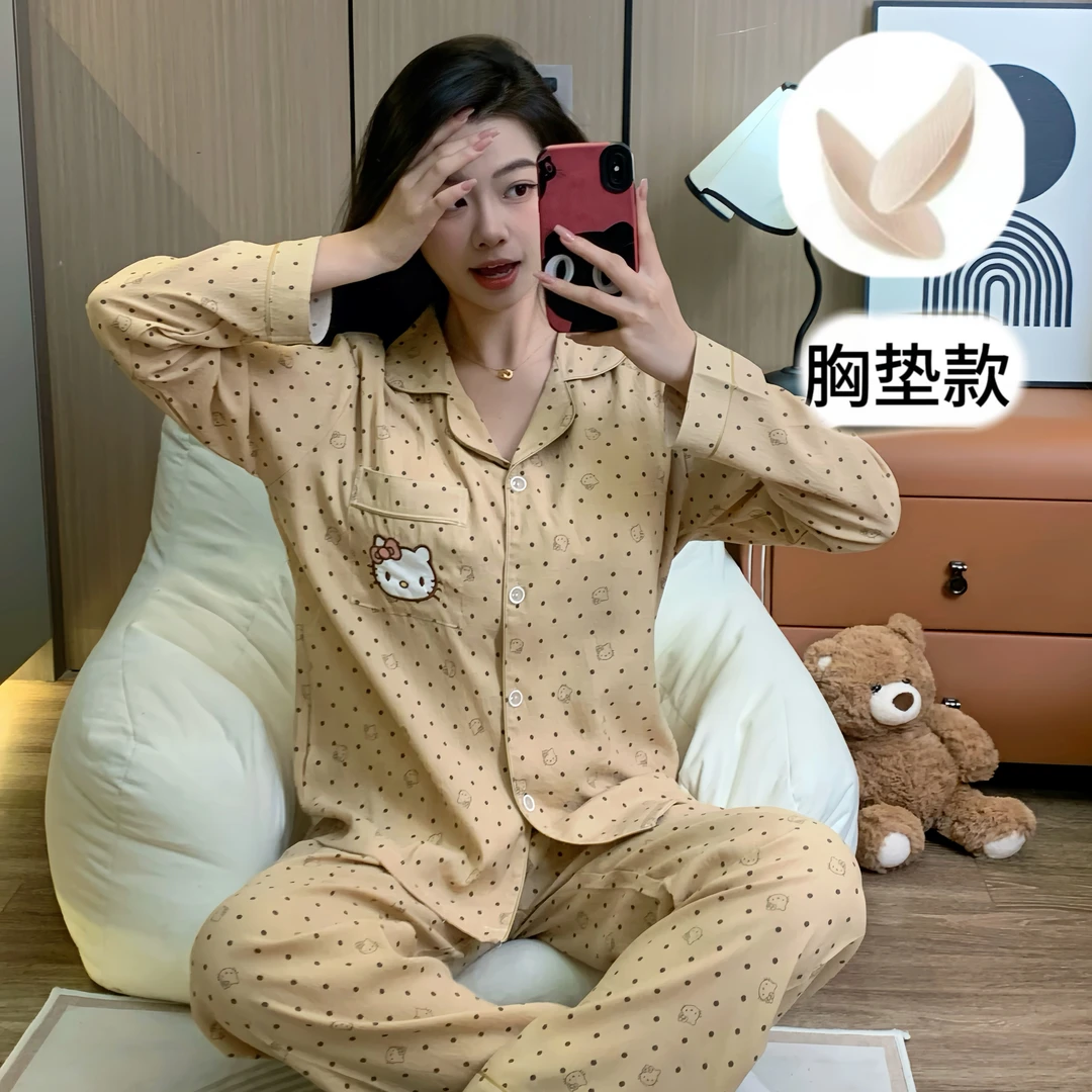 【Kitty宝贝】新款长袖长裤睡衣简约宽松秋季短袖短裤家居服女韩版