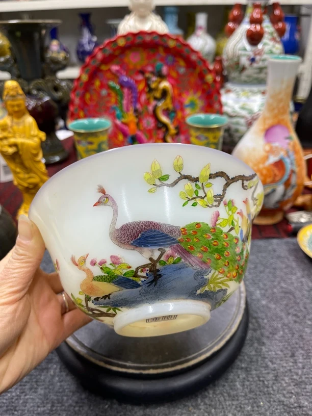 琉璃手绘花鸟赏碗摆件