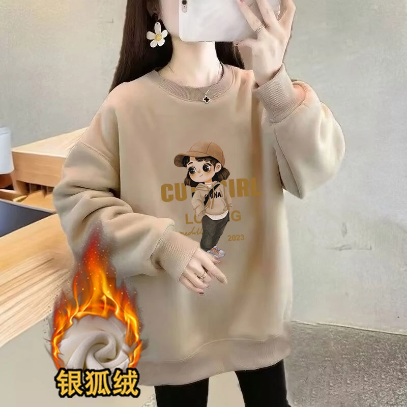 加绒2025秋冬加厚华棉胖mm韩系小众简约圆领女士长袖套头上衣百搭