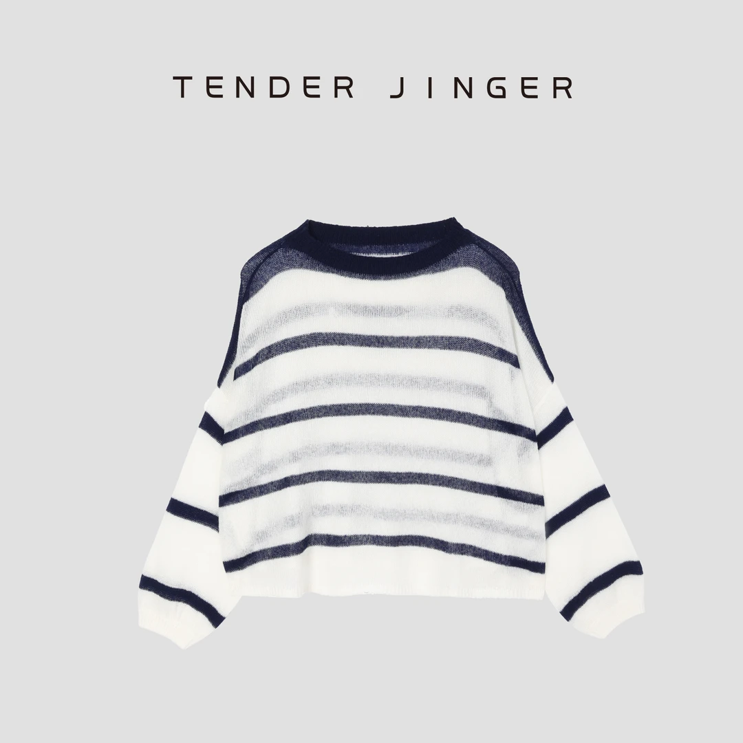 Tender Jinger时尚百搭珊瑚海条纹圆领针织罩衫T51DDD80847