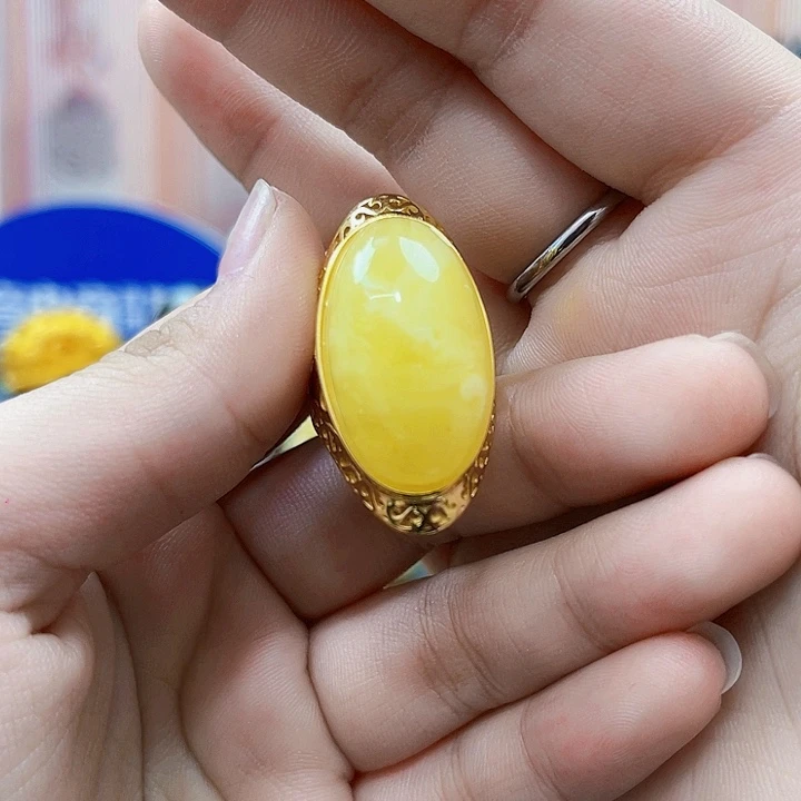 蜜蜡银S925镶嵌裸石戒指