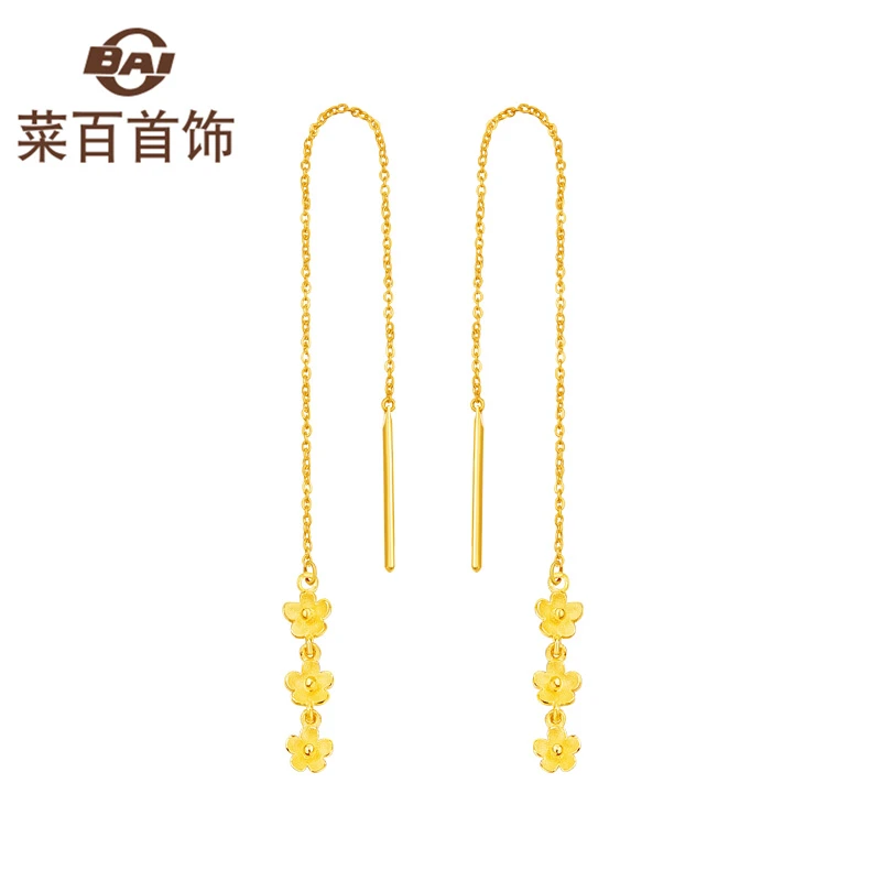 菜百首饰黄金耳饰时尚简约三朵花耳线小清新耳饰耳环