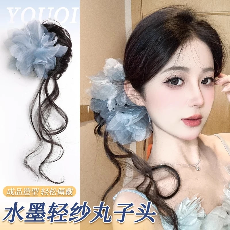 龙须丸子头假发女新中式花朵发夹抓夹花苞头侧边盘发神器发圈发包
