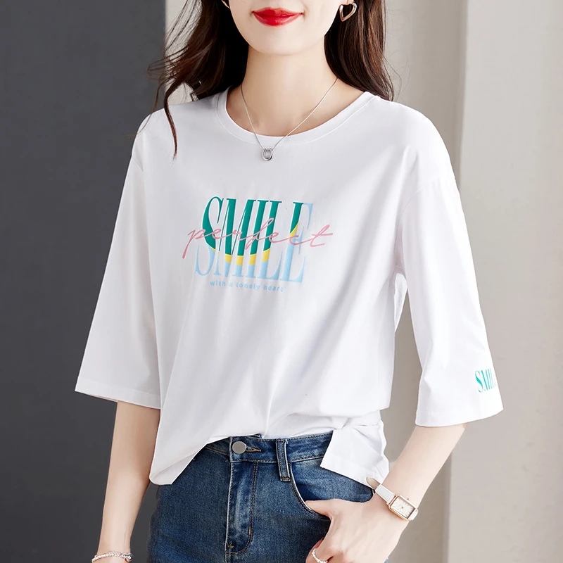 【七分袖T恤】2025夏季新款洋气减龄中袖宽松圆领百搭时尚上衣女