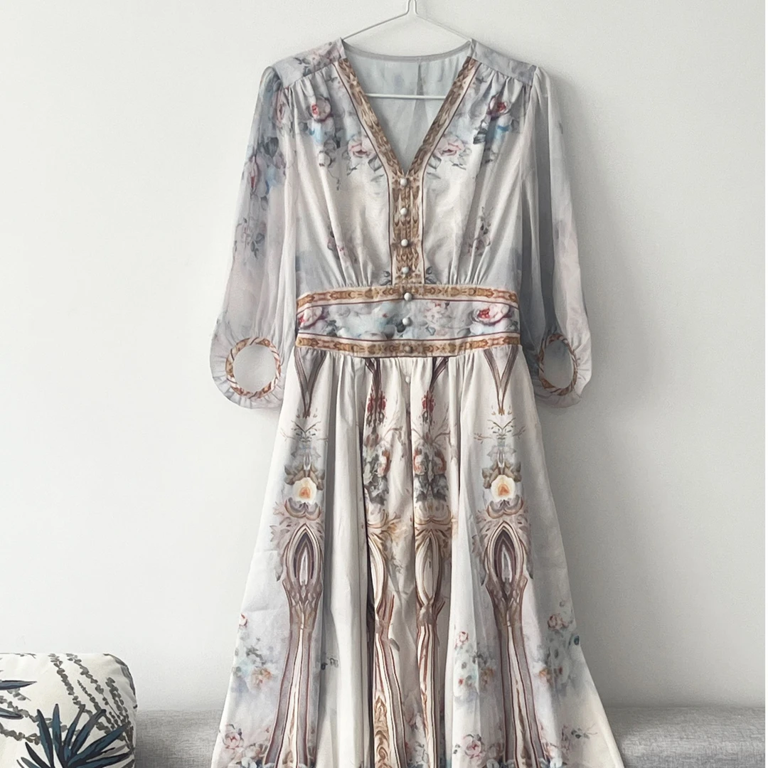 夏季新款V领定位花中国风连衣裙印花敦煌女装古风连衣裙桑蚕丝