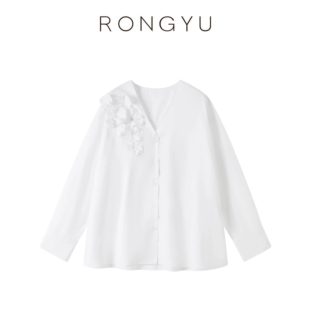 RONGYU绒郁轻奢本白色3D八朵花长袖衬衫上衣千金清冷感贵法式衬衫