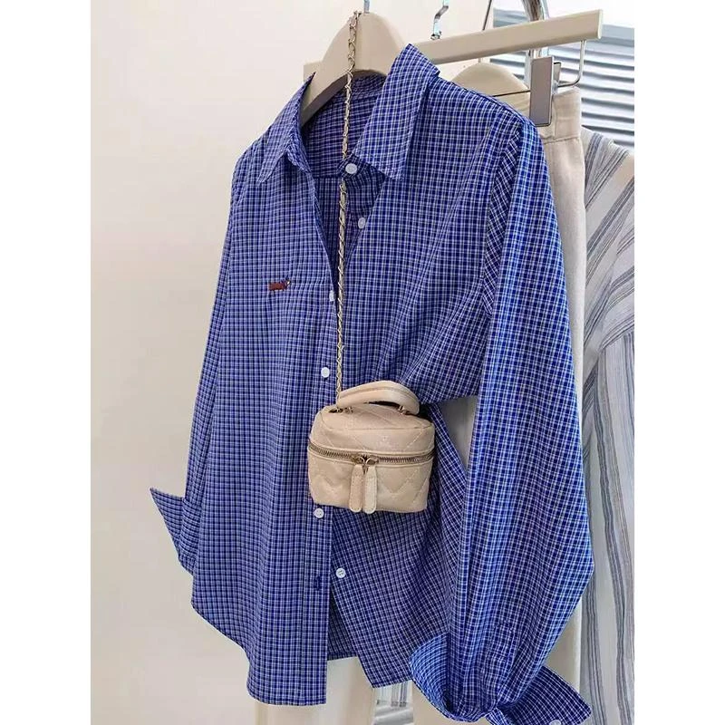小狗刺绣格子翻领衬衫女2025早春新款设计感小众独特别致叠穿上衣