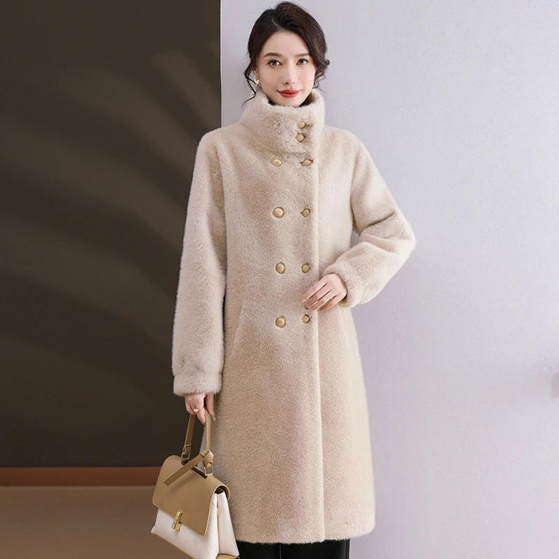 人造皮草 女装加厚长款立领双排扣保暖环保仿水貂绒外套大衣时尚