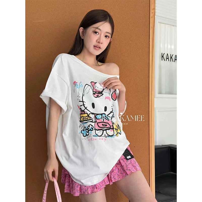 甜美风涂鸦可爱kitty猫短袖T恤女夏季小心机慵懒露肩宽松上衣chic
