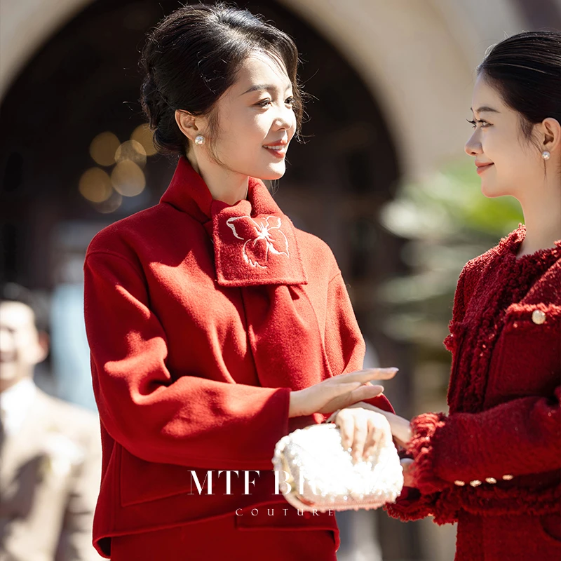 满庭芳华【首批8.5折】酒红毛呢刺绣领结妈妈婚宴套装喜婆婆礼服