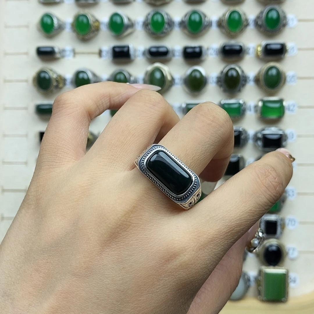 和田玉戒指银S925镶嵌阿*灯