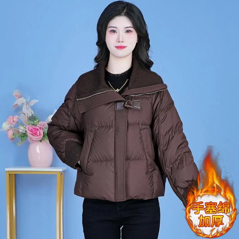 欧洲站针织翻领棉服女2025年冬季新款面包服保暖加厚棉衣短款外套