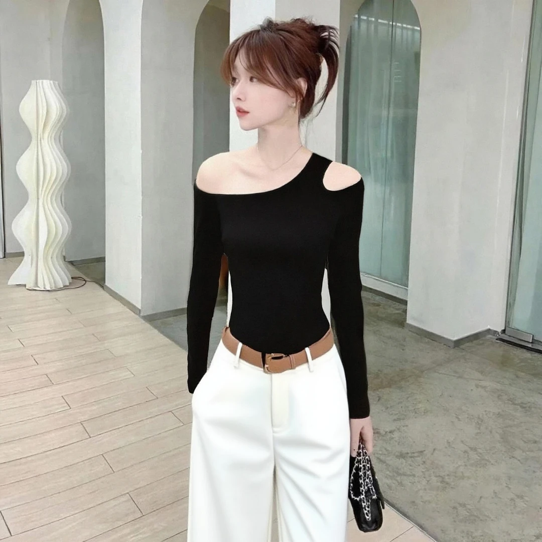 黑色斜一字领长袖上衣女初秋穿搭修身显瘦性感露肩t恤百搭打底衫