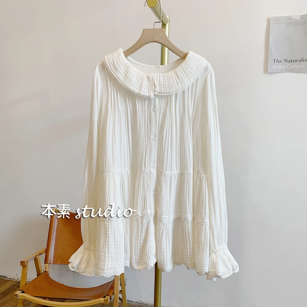 C3505风琴褶蕾丝边全开扣双层娃娃领衬衫