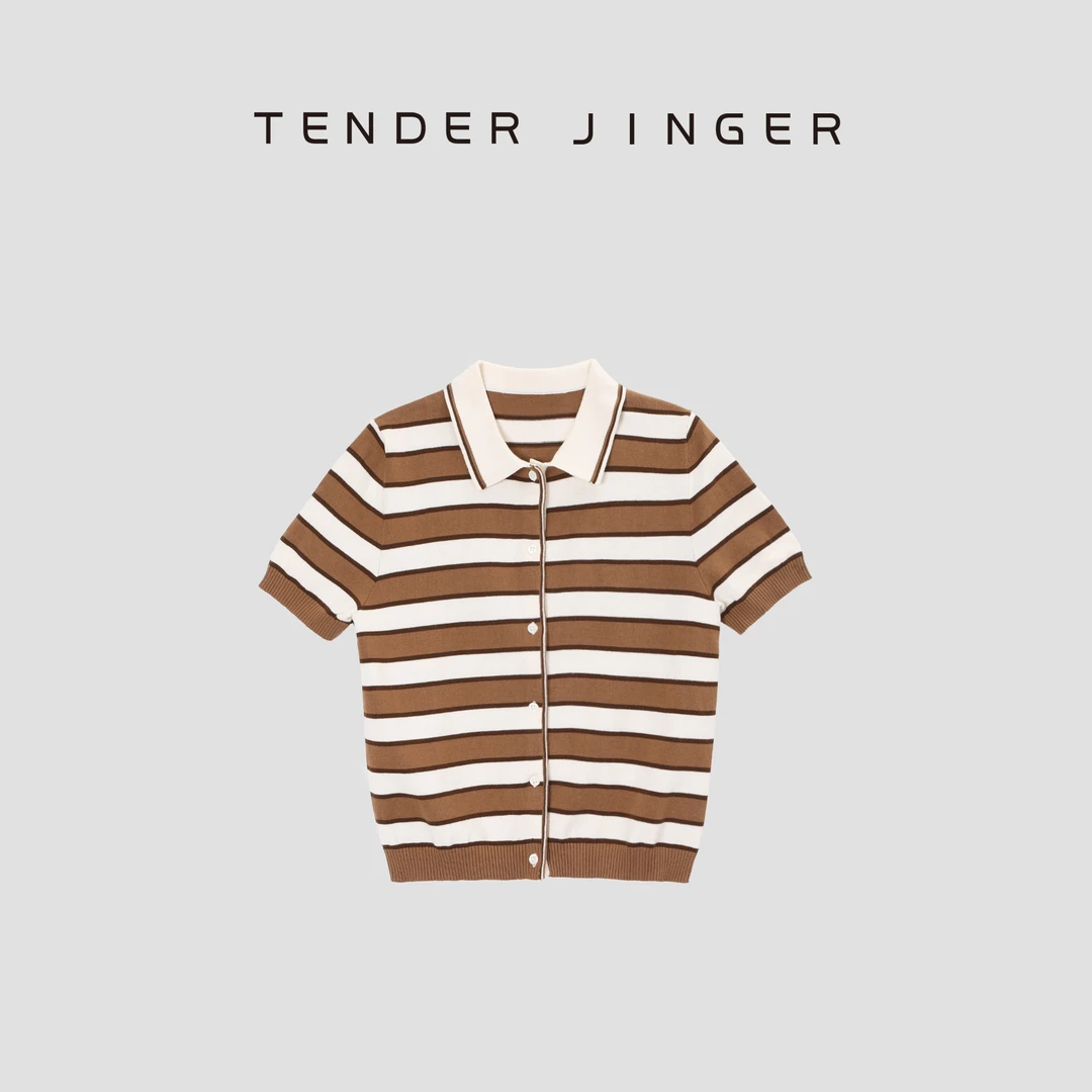 Tender Jinger【轻启晨光】条纹棉质针织短袖开衫T53BBS41173